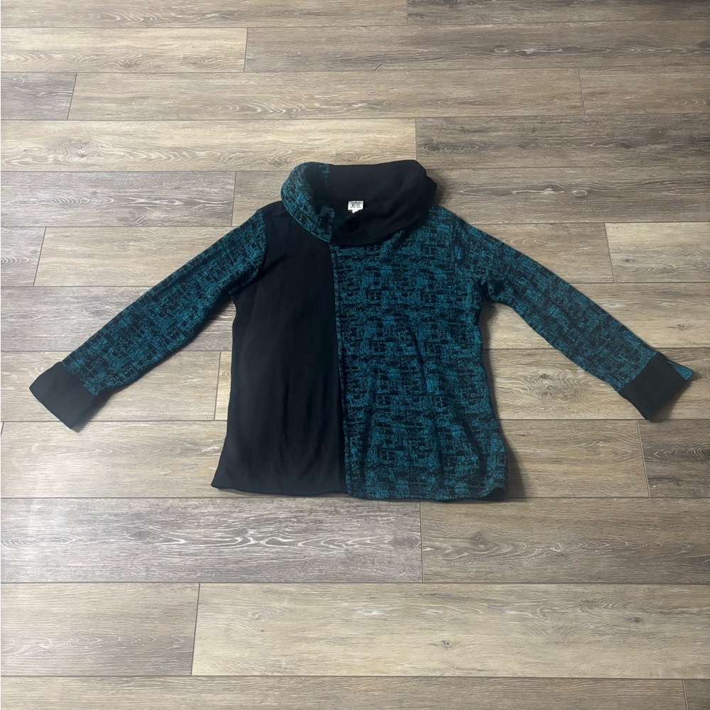 Parsley & Sage Top Sz L Teal Black Cowl Neck Long Sleeve Tunic Art Cozy Office